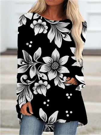 Cotton Crew Neck Casual Shirt Sleeve Shirts & Tops, Black-white, Tops