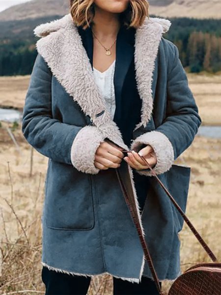 

Risvolto Solido Peloso Maniche Lunghe Giubbotto, Blu, overcoat