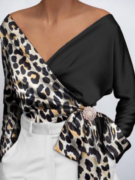 

Long Sleeve Regular Fit V Neck Leopard Top, Black, Blouses and Shirts