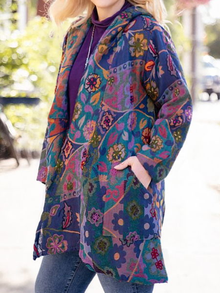 

Plus size Floral Vintage V Neck Outerwear, Blue, Outerwear