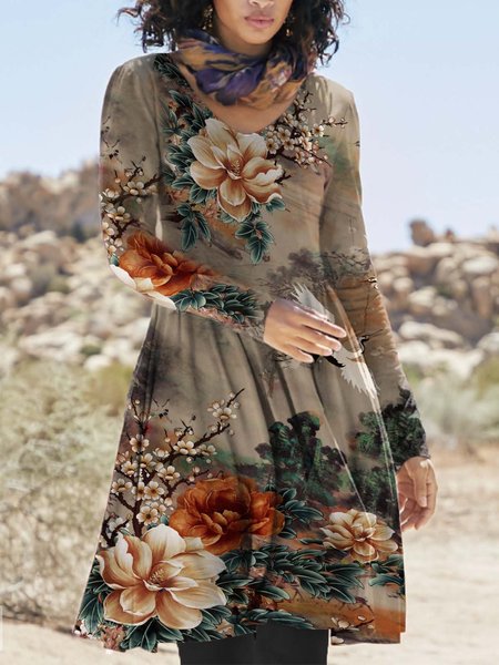 

Floral Crew Neck Ethnic Dresses, Khaki, Mini Dresses