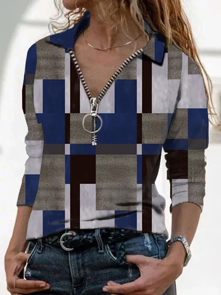 

V Neck Geometric Shirts & Tops, Blue, Long sleeve tops