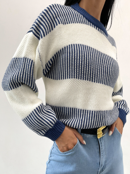 

Household Daily Vintage Crew Neck Casual Striped Sweater, Blue white, Sweaters