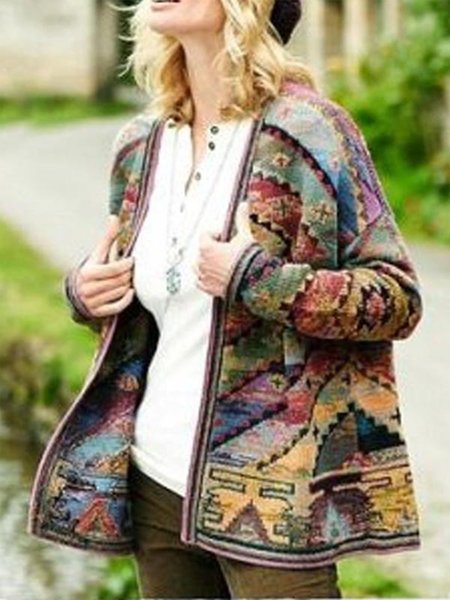 

Women's Coats Vintage Print Long Sleeve Coat, Multicolor, Coats
