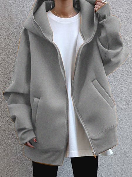 

Hooded Solid Long Sleeves Oversize Simple Outerwear, Gray, Outerwear