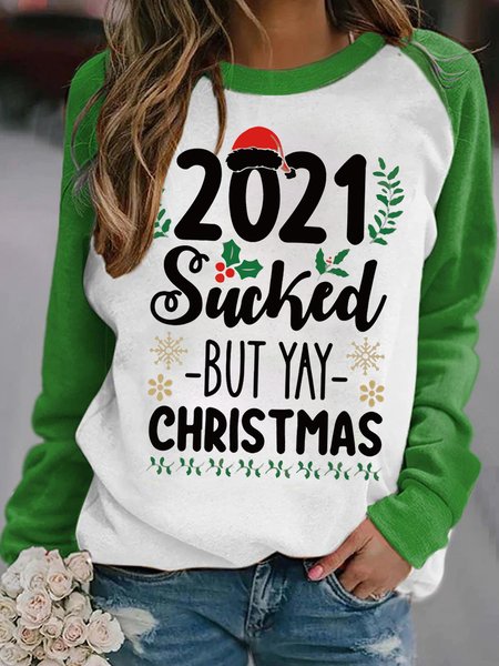 

2021 Sucked But YAY Christmas Color Contrast Sweatshirt, Green, Hoodies&Sweatshirts