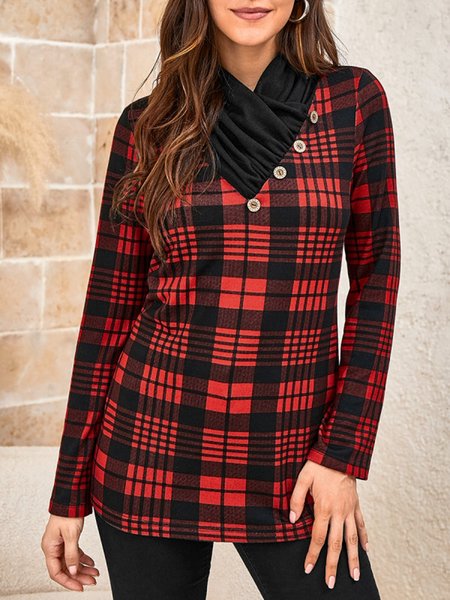

Casual High Neck Plaid Print Stitching Long-sleeved T-shirt & Tops, Red, Long sleeve tops