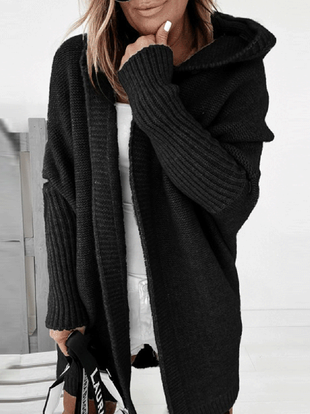 

Batwing Casual Acrylic Hooded Outerwear, Black, Cardigans