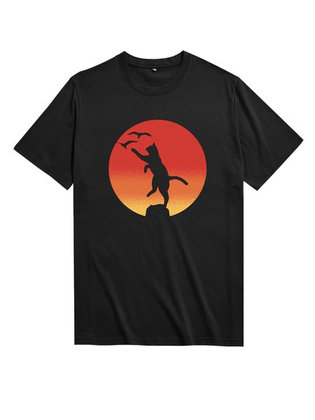 

Unocis Fun Cat Printed Round Neck Short-sleeved T-shirt, Black, T-shirts