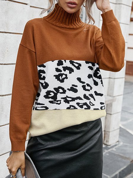 

Leopard Patchwork Color Block Off Shoulder High Neck Vintage Sweater, Caramel, Sweaters