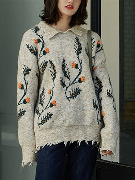 

Floral Vintage Casual Wool-Mix Fabric Sweater, Gray, Sweaters