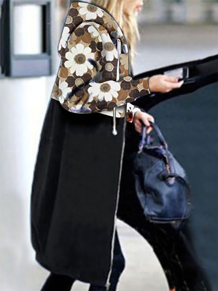 

Floral Printed Long Sleeves Hooded Outerwear, Black, Outerwear
