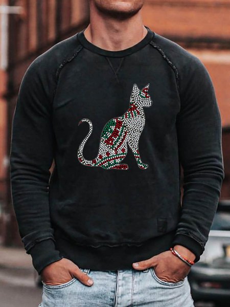 

3d Rhinestone Cat Graphic Long Sleeve Loose Sweatshirt, Black, Hoodies&Sweatshirts