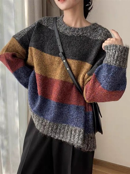 

Vintage Elegant Casual Color Block Loosen Sweater, Gray, Sweaters