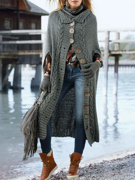 

Long Sleeve Buttoned Solid Casual Outerwear, Gray, Cardigans