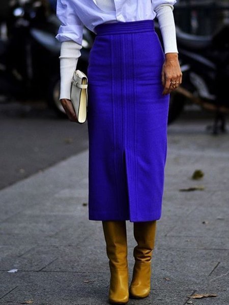 

Elegant Solid Regular fit Skirt, Blue, Midi Skirts