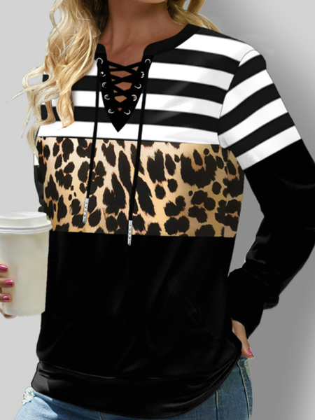 

Long sleeve V-neck lace up geometric stripe leopard print top TX, Black-white, Long sleeve tops