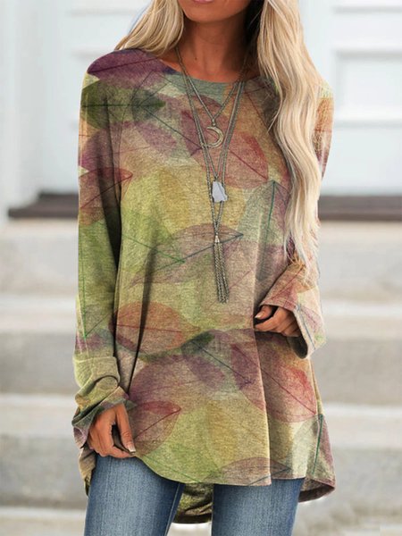 

Fashion Vintage Leaves Print Casual Long Sleeve T-shirt, Yellow, Tunics