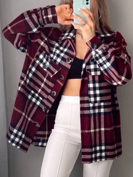 

Vintage Casual Elegant Shirt Collar Outerwear, Wine red, Coats