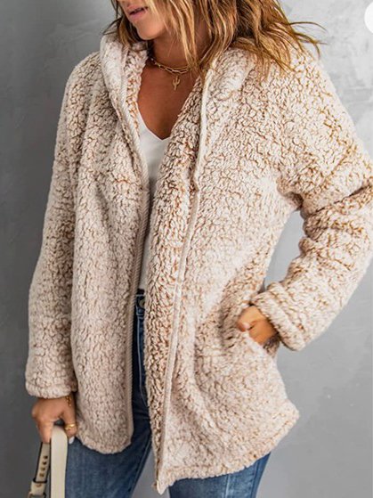 

Cotton Hooded Casual Outerwear, Apricot, Outerwear