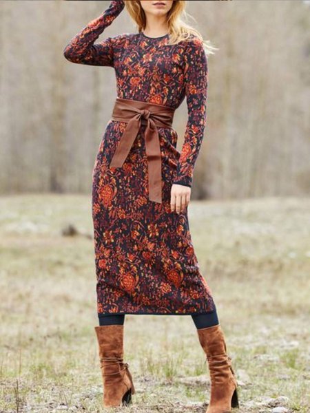 

Regular Fit Casual Crew Neck Dresses, Multicolor, Midi Dresses