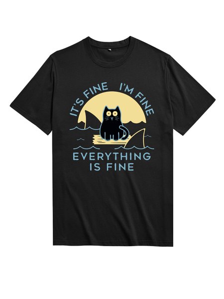 

Unocis Funny Cat Print Round Neck Short Sleeve T-shirt, Black, T-shirts