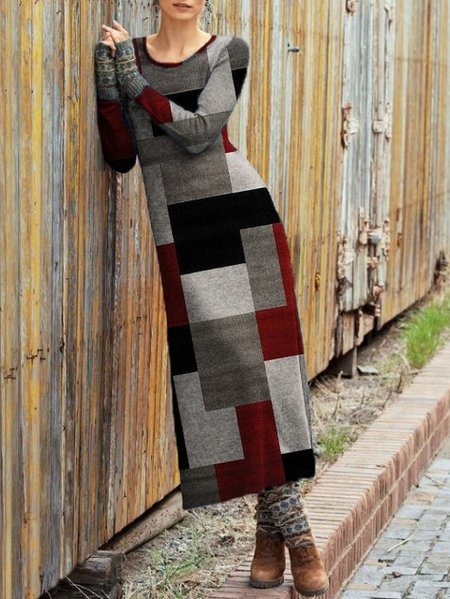 

Casual Crew Neck Cotton Dresses, As picture, Maxi Dresses