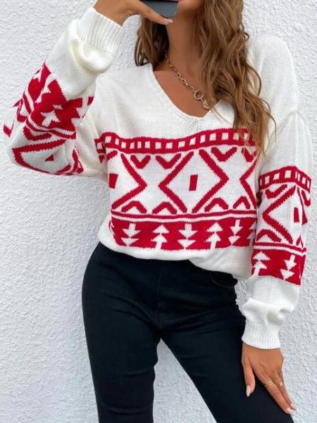 

Crew Neck Christmas Off Shoulder Long Sleeve Sweater, White, Sweaters