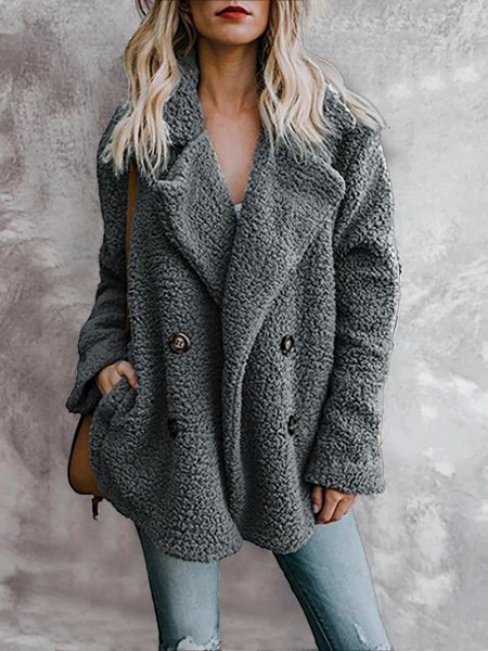

Allentare Risvolto Solido Peloso Maniche Lunghe Giubbotto, Grigio scuro, Coats & Jackets