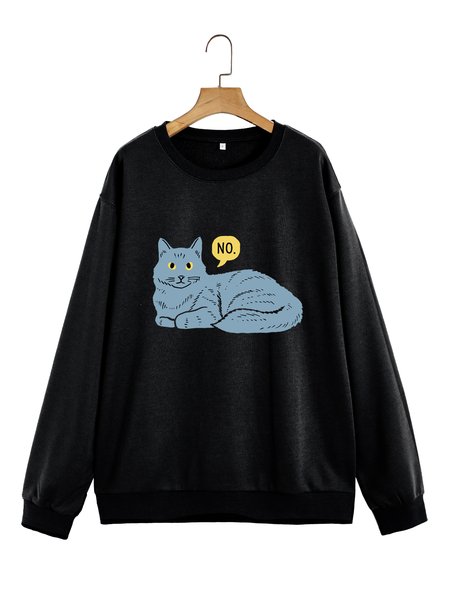 Unocis Cat Printed Round Neck Sweatshirt, Black, Sweatshirts