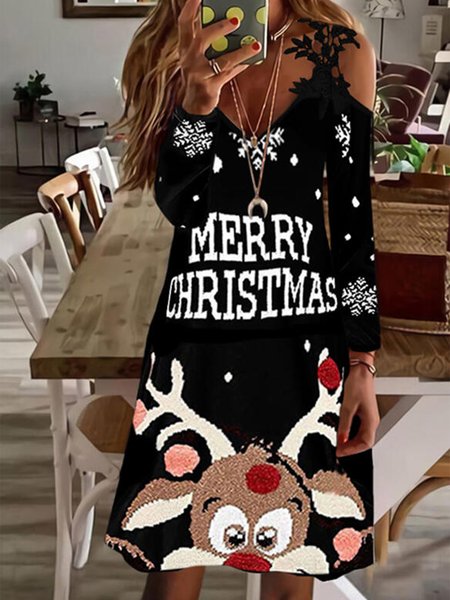 

Vacation Christmas Snowman Lace A-line Dresses, Black, Midi Dresses