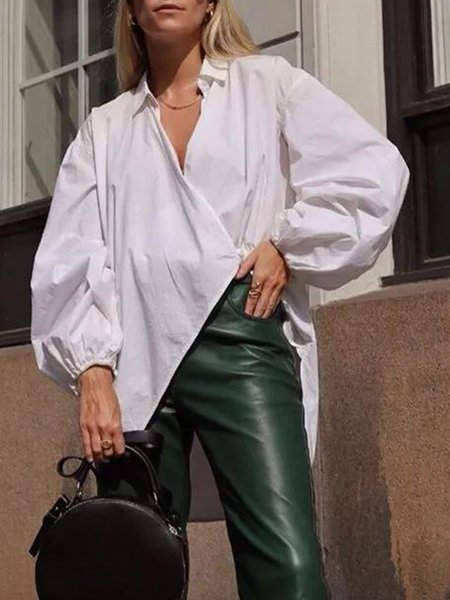 

Shirt Collar Solid Long sleeve Shirt, White, Blouses and Shirts