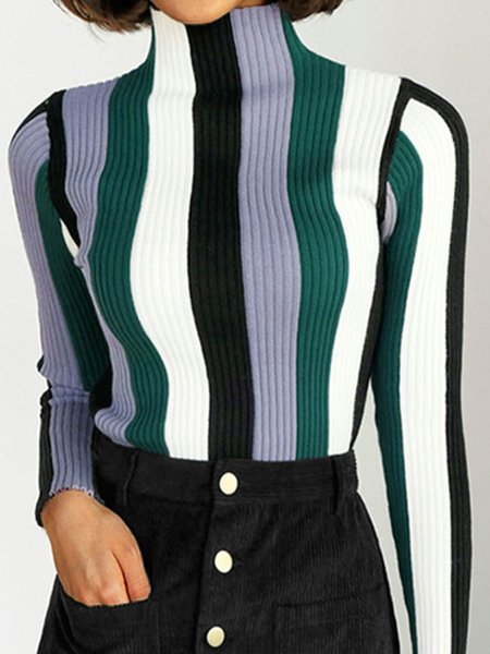 

Long Sleeve Stripes Elegant Sweater, Green, Pullovers