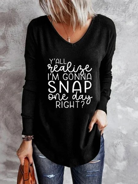 

Letter Loosen V Neck Shirts & Tops, As picture, Tops
