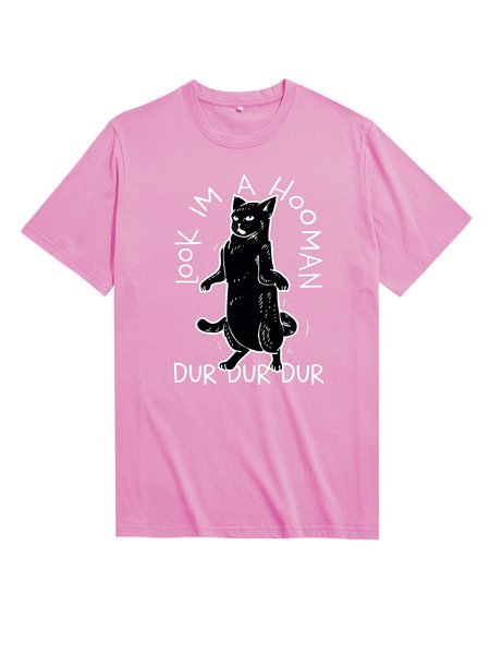 

Unocis Funny Cat Print Round Neck Short Sleeve T-shirt, Pink, T-shirts