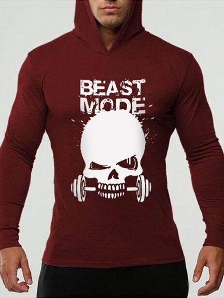 

Skull graphic long Sleeve Casual Hooded Sweatshir, Wine red, Hoodies