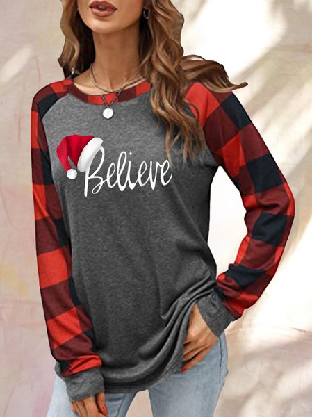 

Christmas Believe Print Plaid Shirts & Tops, Gray, Hoodies&Sweatshirts