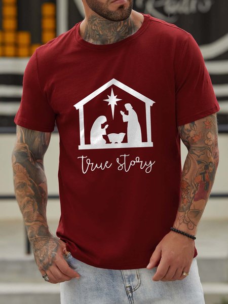 True Story Casual Crew Neck Cotton Blends T-shirt, Red, T-shirts