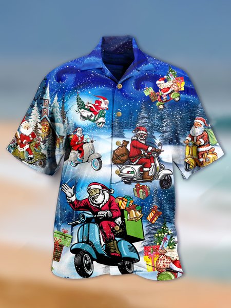 

Shirt Collar Santa Claus Short Sleeve Shirts & Tops, As picture, Men's Floral shirt