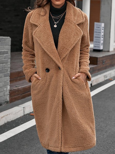 

Loosen Solid Lapel Furry Long Sleeves Outerwear, Khaki, Outerwear