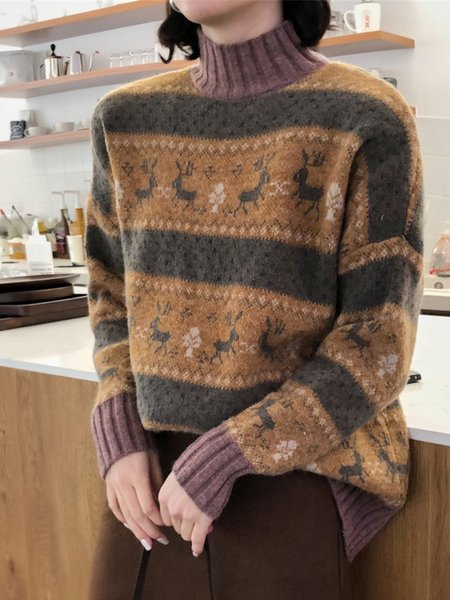 

Vintage Casual Boho High Neck Sweater, Fuchsia, Sweaters