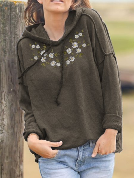 

Vintage Daisy Embroidery Hooded Cotton Blends Sweatshirt, Cameo brown, Hoodies & Sweatshirts