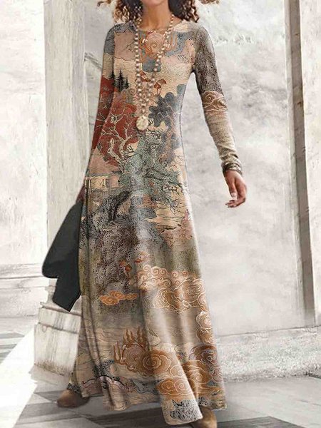 

Paesaggio La pittura Vintage Regolare In forma Abito, Cachi, Maxi Dresses