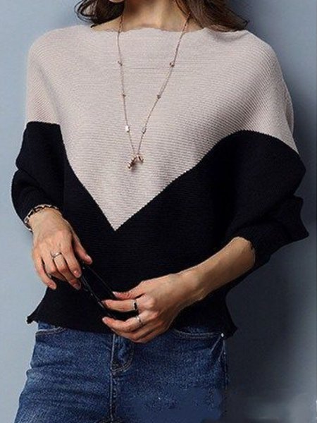 

Color Block Elegant Loosen Sweater, Khaki, Pullovers