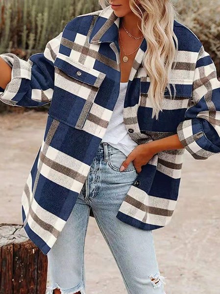 

Winter new style plaid lapel long-sleeved loose cardigan woolen coat women, Royal blue, Coats