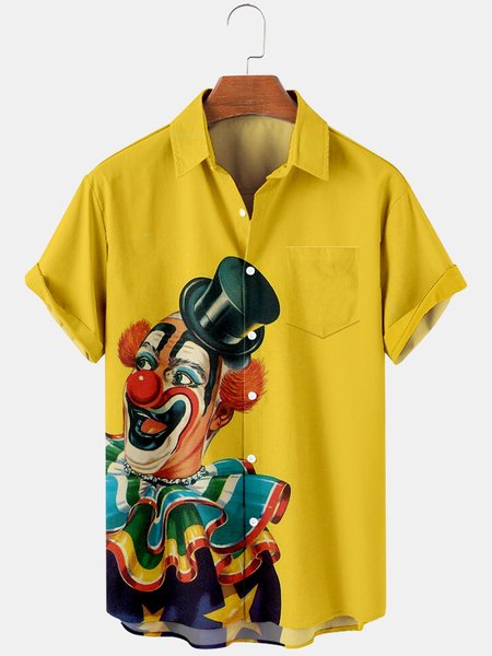 

Mens Circus Joker Print Casual Breathable Chest Pocket Short Sleeve Hawaiian Shirts, Yellow, Men's Floral shirt