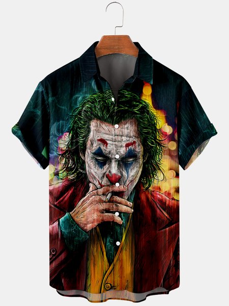 

Mens Circus Joker Print Casual Breathable Chest Pocket Short Sleeve Hawaiian Shirts, Blue, Men's Floral shirt