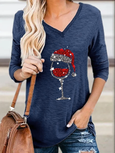 

Christmas Cartoon Pattern V neck Casual Shirts & Tops, Blue, Long sleeve tops