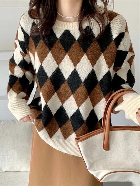 Elegant Loosen Casual Crew Neck Sweater, Beige, Sweaters & Cardigans