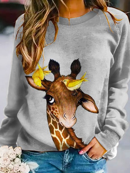 

Giraffe Crew Neck Regular Fit Animal Sweatshirt, As picture, Hoodies&Sweatshirts